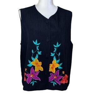 Vintage Carole‎ Little Black Embroidered Floral Vest 16 Boho Artsy Button Front